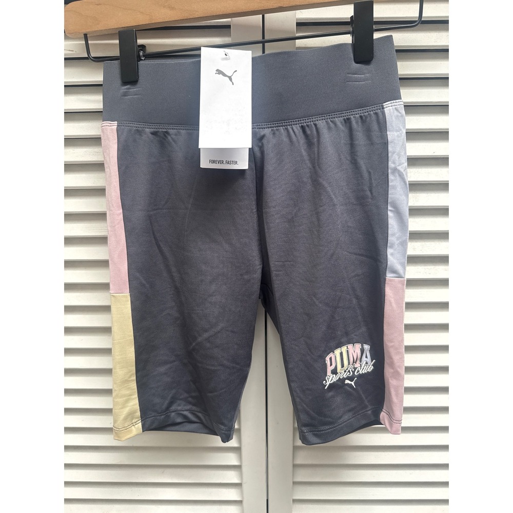 Puma Girls Sports Club Biker Shorts Galactic Gray Colorblock Size M 8-10 NWT